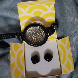 COPY - Origami owl black leather wrap with black face plate and earrings